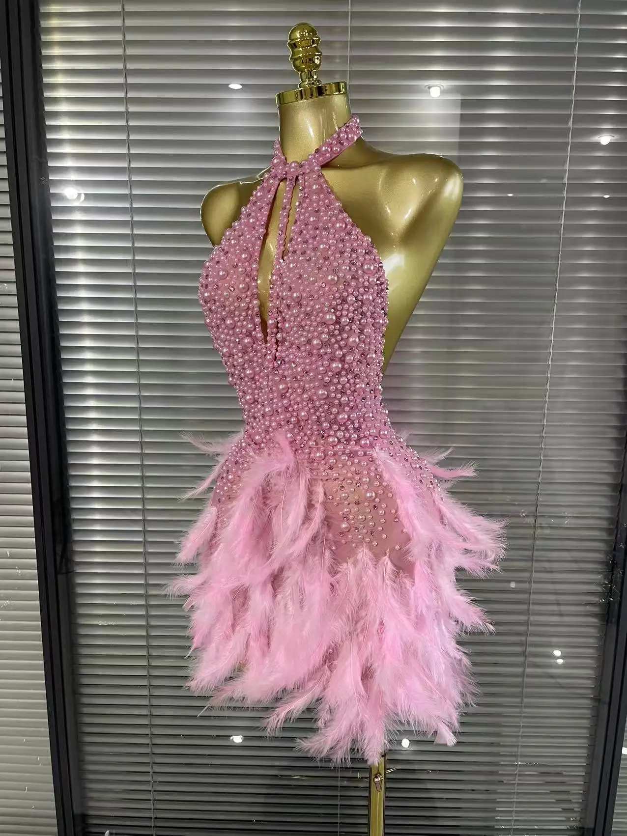 Sparkly Rhinestones Pearls Halter Backless Mini Feathers Skirt Women Sexy Mesh Transparent Performance Dance Costume Stage Wear 260121 - view 3