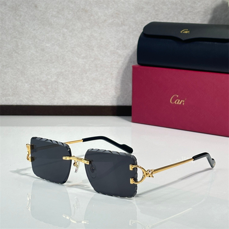 Mens Designer Rimless Square Cut Sunglasses Gold/Silver Metal Frame Circle Accent Temples Multi-Color Gradient Lens Protection Retro Luxury Glasses for Women Drivi