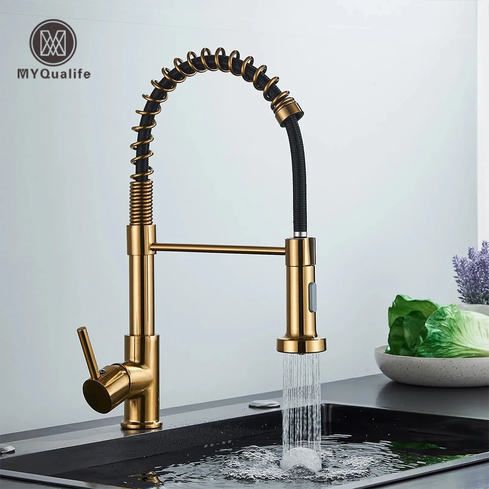 Brushed Gold Kitchen Sink Faucet One Handle Spring and Cold Water Tap Deck Mounted Bathroom Crane 260122