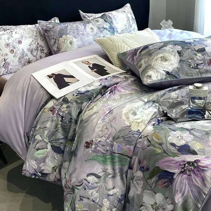 Gray Purple Floral Print 4Pcs 600TC Egyptian Cotton Bedding Comforter Quilt Cover Zip Closure Duvet cover Bed Sheet Pillowcases Y260124