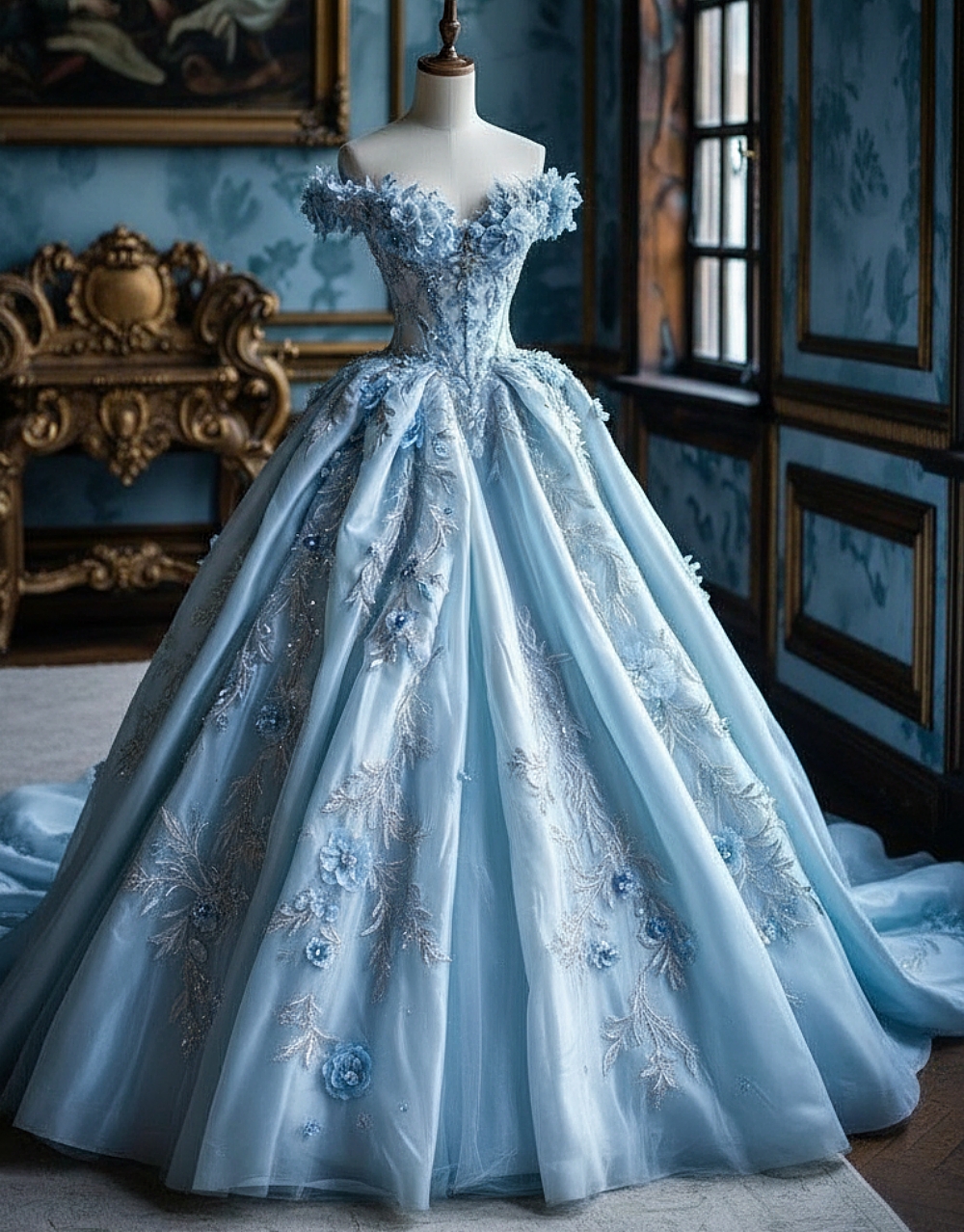 2026 Light Blue Fantasy Wedding Dresses Flowers Lace Appliques Off-Shoulder Court Train Pastrol Princess Bridal Gowns