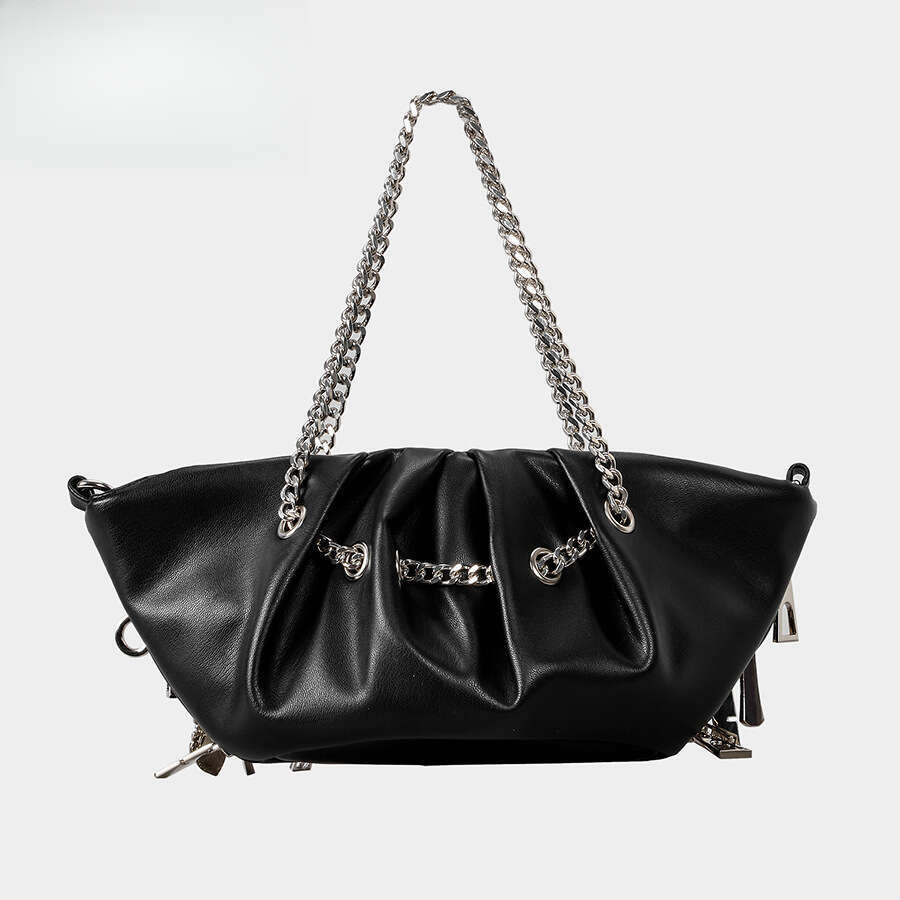 2026 Punk Style Personality Hot Girl Black Wrinkled Cloud Dumpling PU Shoulder Crossbody Chain Bag For Women