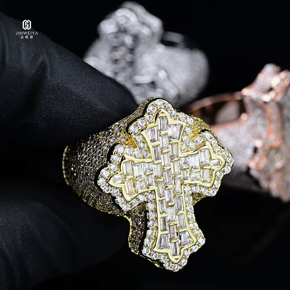 Luxury Heavy Ring Hiphop Rapper Pass Diamond Test 18k Gold Plated Brass VVS Baguette Moissanite Iced Out Cross Ring
