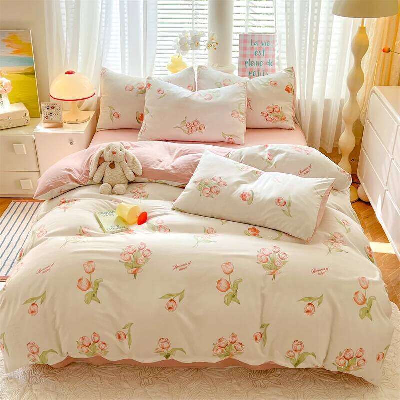 3pcs Pink Tulip Duvet Set, Girls Women Bedroom Plant Flower Decoration Queen Bedding, Letter Printing King Comforter Cover Y260124