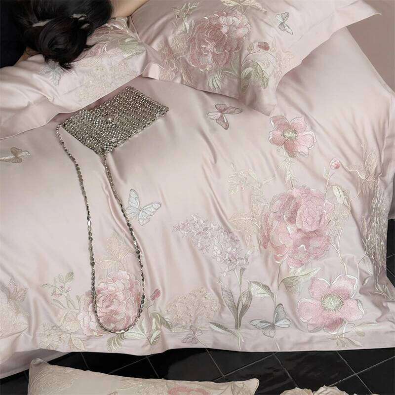 Premium 600TC Egyptian Cotton Luxury Flowers Butterfly Embroidery Pink Bedding Set Duvet Cover Flat/Fitted Sheet Pillowcase 4Pcs Y260124