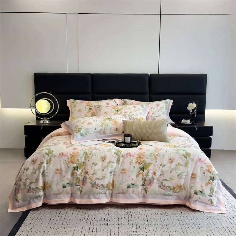 600TC Cotton Floral Leaves printed Luxury Bedding Set Duvet Cover Flat/Fitted Bed Sheet Pillowcases Double Queen King 4Pcs Y260124