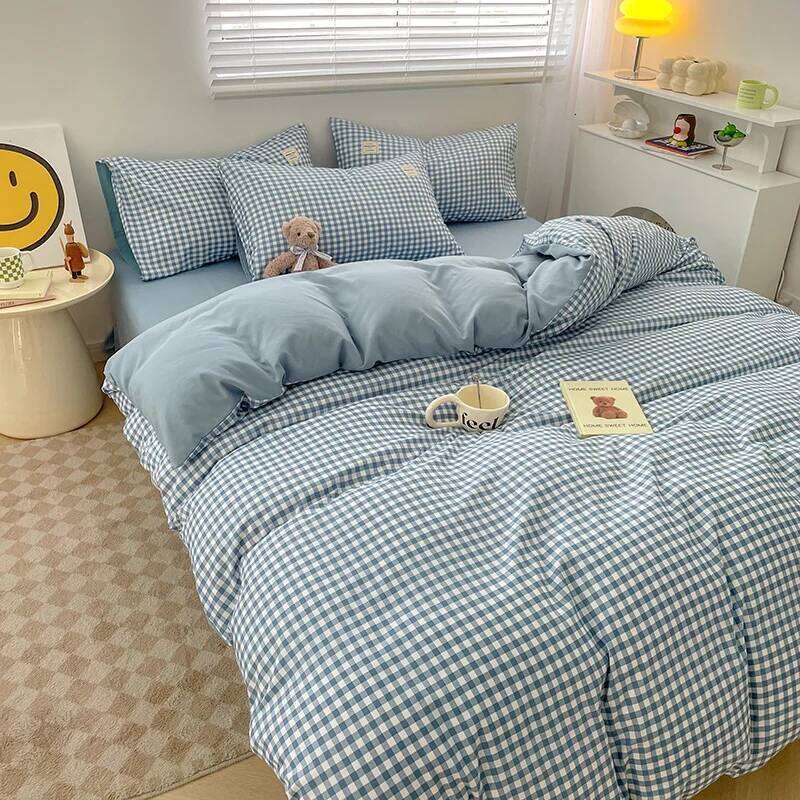 Cover Linen Pure Four-piece Set Simple Checkered Washed Cotton Bed Sheets Duvet Covers Striped Bedding Y260124