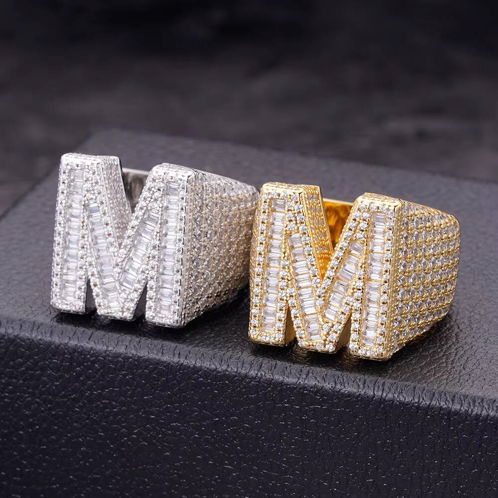925 Sterling Silver Gold Plated Vvs Moissanite CZ Diamond Ring Iced Out Baguette Cut Hip Hop Ring Men Women