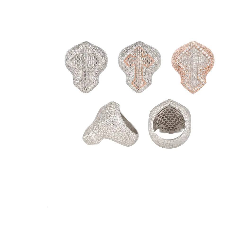European American Hip-Hop S925 Silver Platinum Plated Inlaid D Color VVS Moissanite Third Party Certified Unisex Cross Ring