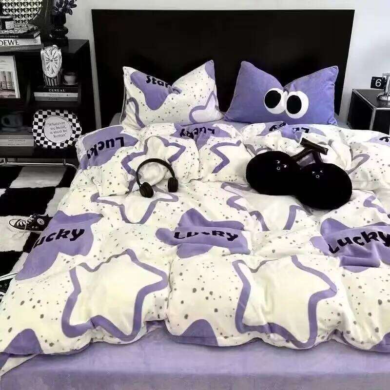 Korean y2k Bedding Bed Flat Sheet Pillowcase Duvet Set Kids Adults Queen Full Twin Size Purple Pentagram Quilt Cover Y260124