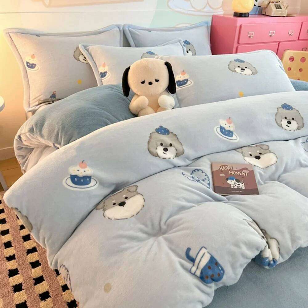 Cartoon Printed Bedding Thickened Winter Warm Soft Milk Velvet Four-Piece Set Bedroom Decor Quilt Cover Bed Sheet Pillowcase Y260124