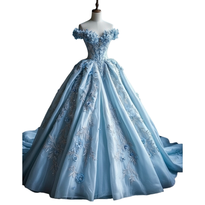 2026 Light Blue Fantasy Wedding Dresses Flowers Lace Appliques Off-Shoulder Court Train Pastrol Princess Bridal Gowns