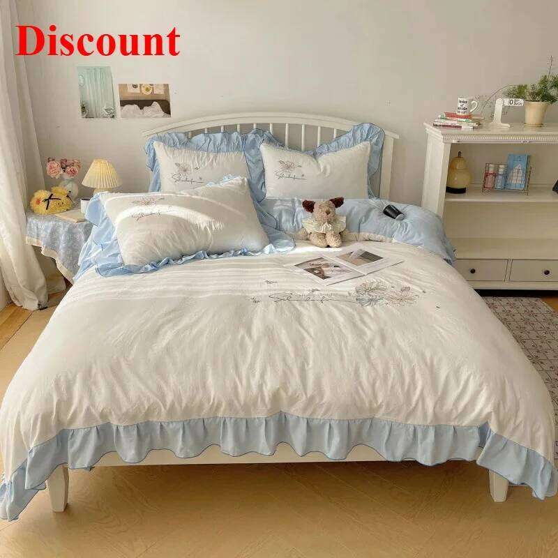 Lace embroidery small fresh and cute girl heart four-piece set washed cotton summer sheet quilt cover bed hat Y260124