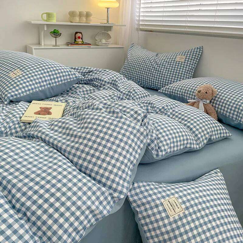 Cover Linen Pure Four-piece Set Simple Checkered Washed Cotton Bed Sheets Duvet Covers Striped Bedding Y260124