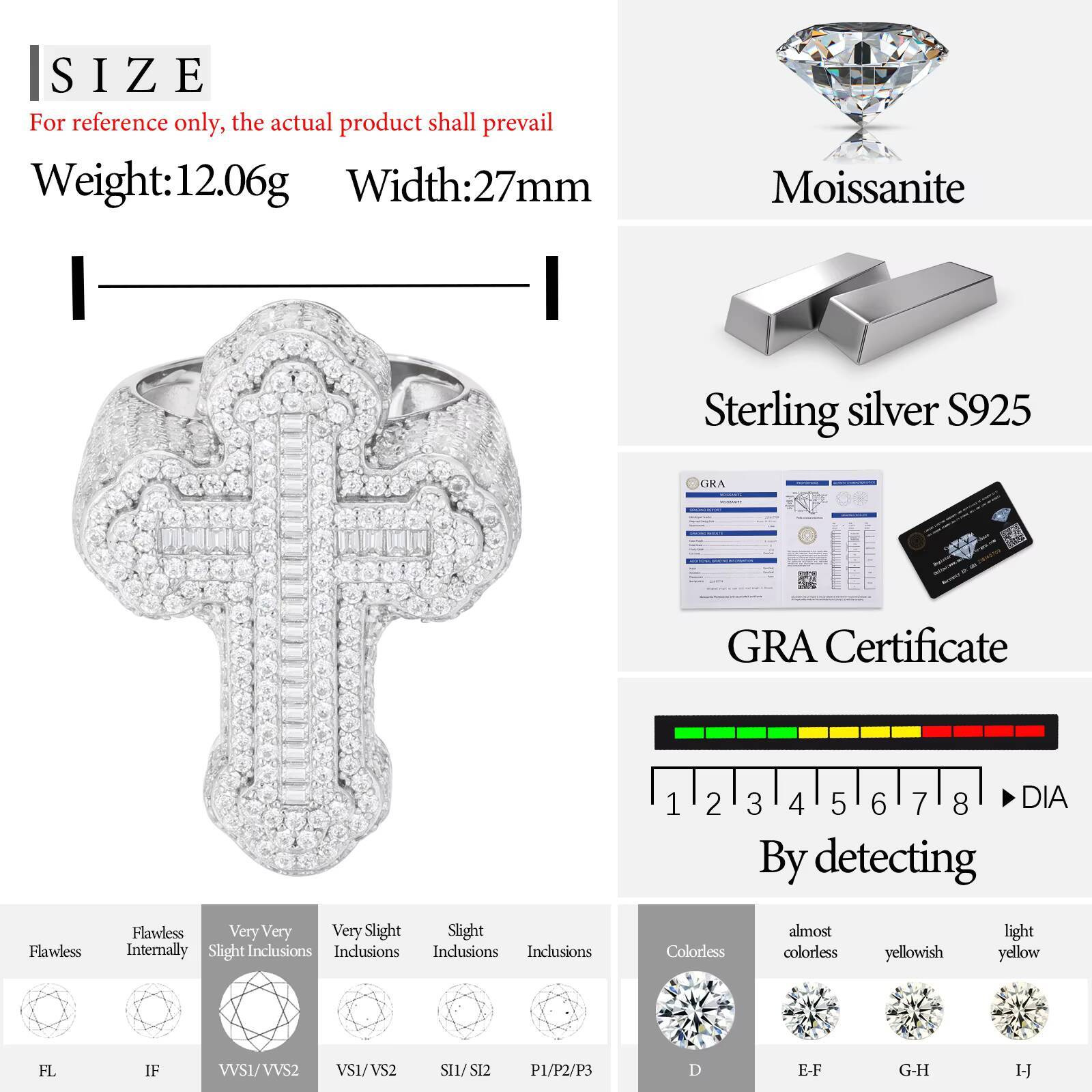 Religious Hip Hop Luxury 925 Sterling Silver Micro Paved VVS Baguette Moissanite Diamond Iris Cross Ring for Men