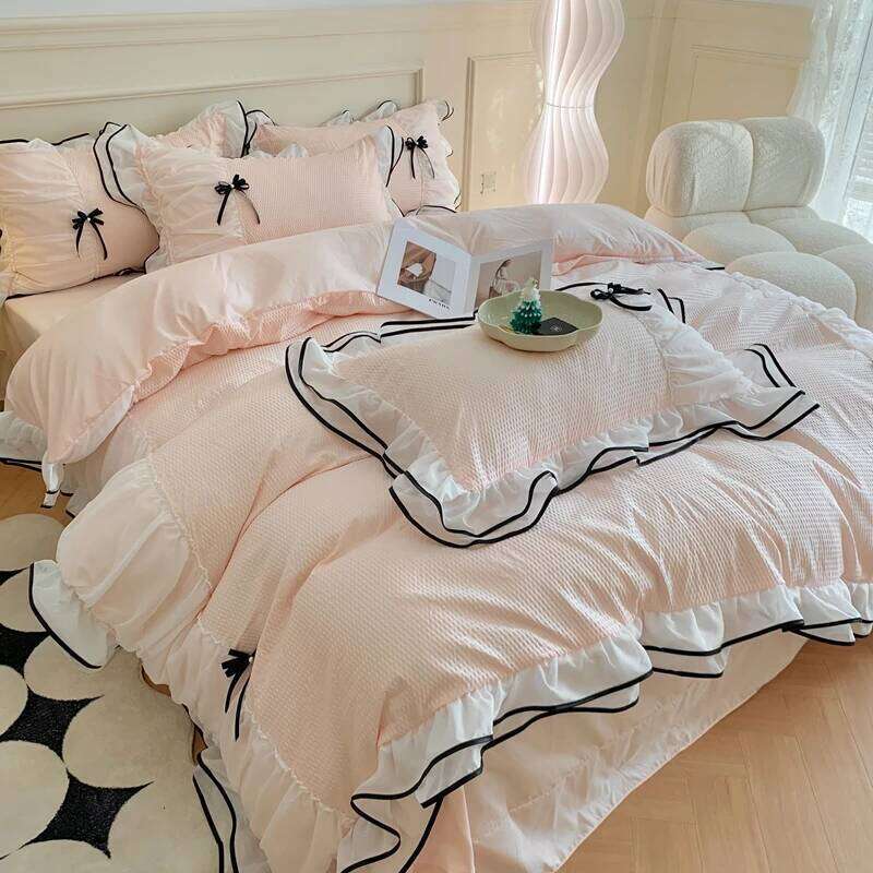 4pcs/set Korean Princess Girls Lace Ruffled Bow Bedding Set Duvet Double Bed Sheets Washed Cotton Twin Queen Quilt Cover Y260124