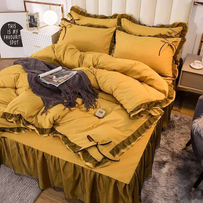 2024 new Korean version washed four-piece set solid color lace bed skirt bedding quilt cover kit Y260124