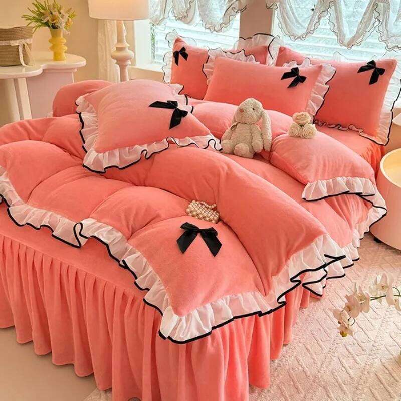 2025 new princess wind milk fleece bed skirt four-piece set autumn and winter Korean lace thickened warm quilt cover Y260124