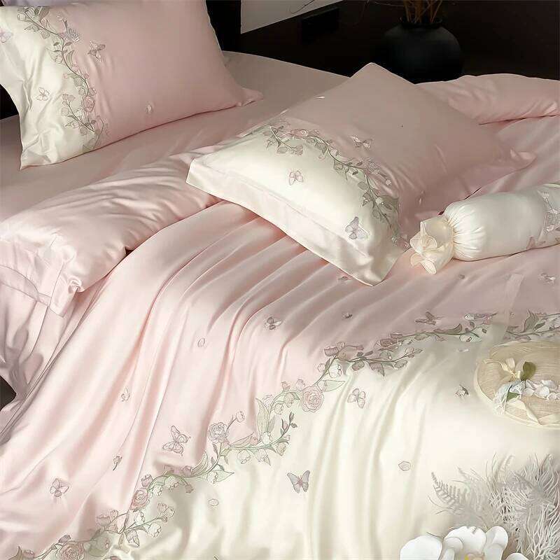 Lily of the valley Butterfly Embroidery Bedding Set 1000TC Egyptian Cotton Duvet Cover Flat/Fitted Bed Sheet Pillowcases 4Pcs Y260124