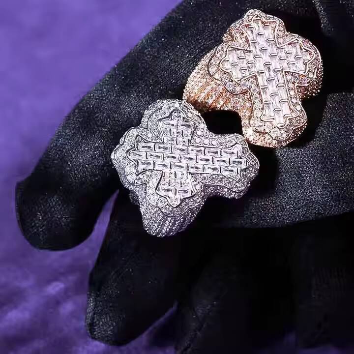 GRA Hip Hop Iced Out Bling 925 Sterling Silver Pass Diamond Tester VVS Moissanite Fleur Baguette Cross Ring for Men