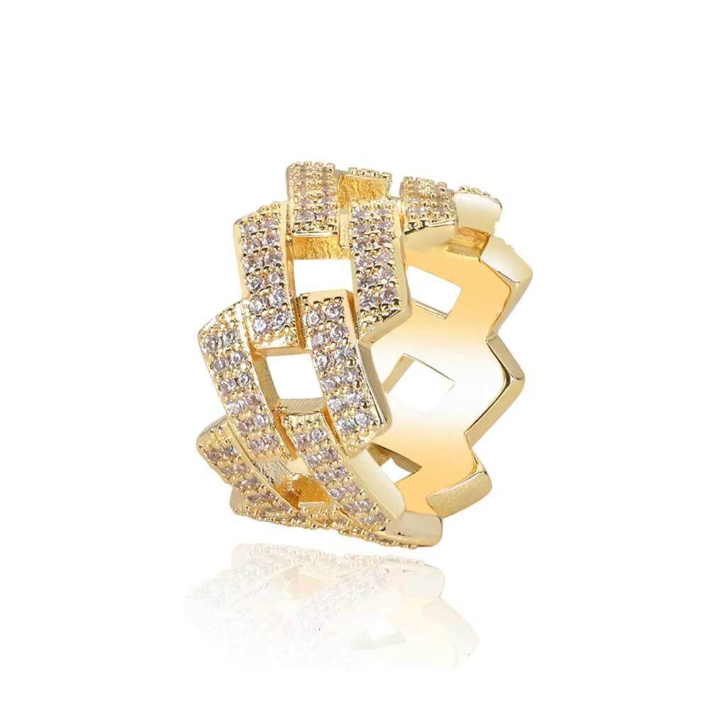 Roise European American Hip-hop 14mm Stainless Steel Genuine Gold Plating Cuban Inlaid Trendy Unisex Exhibition Ring