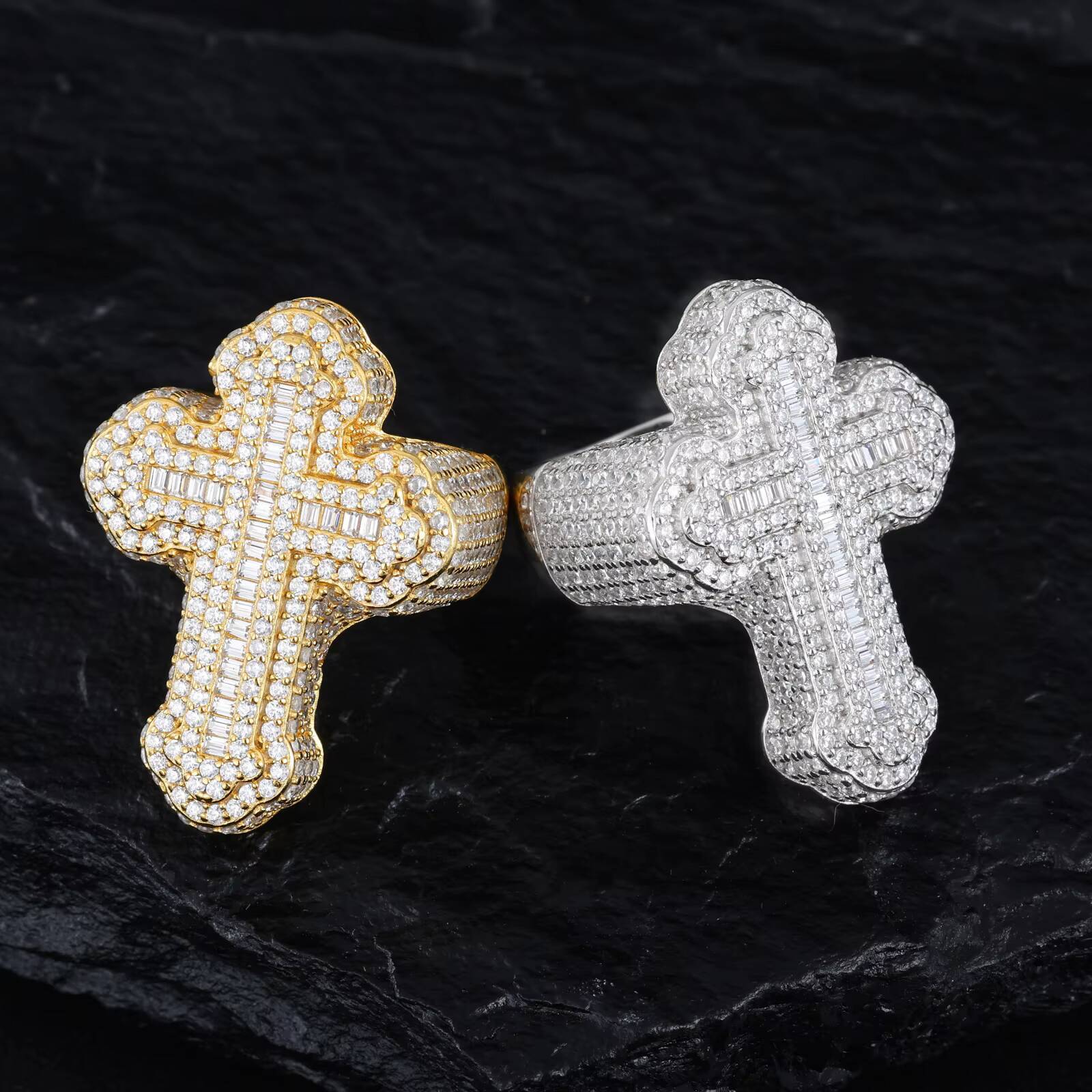 Religious Hip Hop Luxury 925 Sterling Silver Micro Paved VVS Baguette Moissanite Diamond Iris Cross Ring for Men