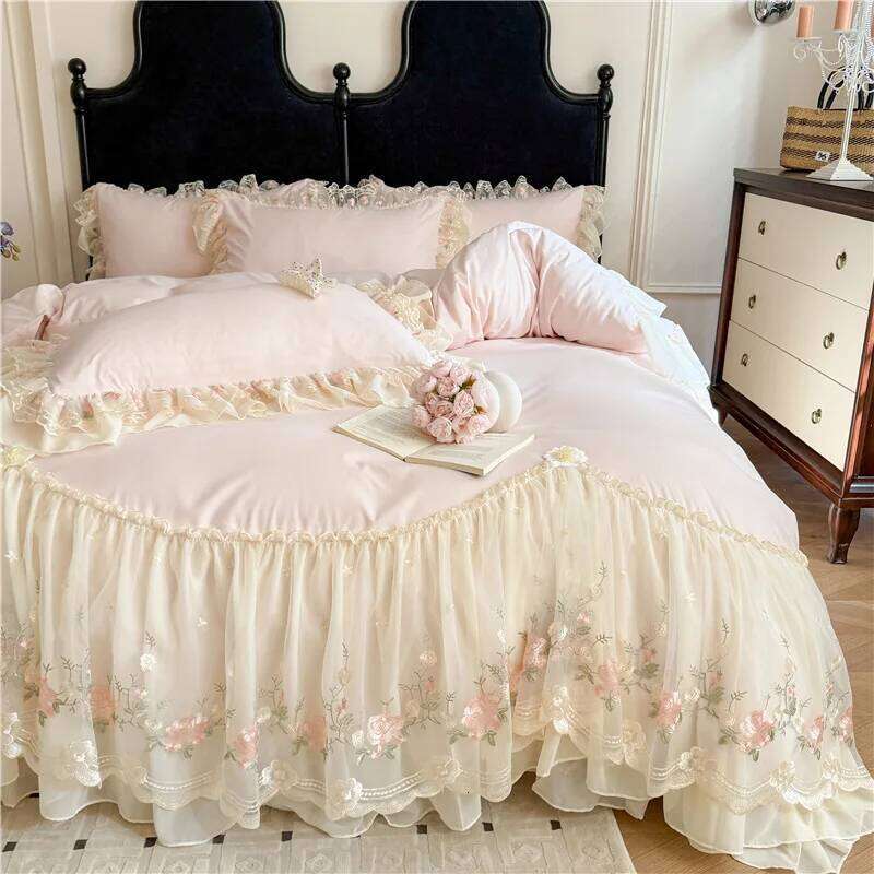 Cloud Cotton Chiffon Lace Embroidery Duvet Princess Style Korean Version Four Piece Set Adult Bedroom EmbroiderDuvet Cover Y260124
