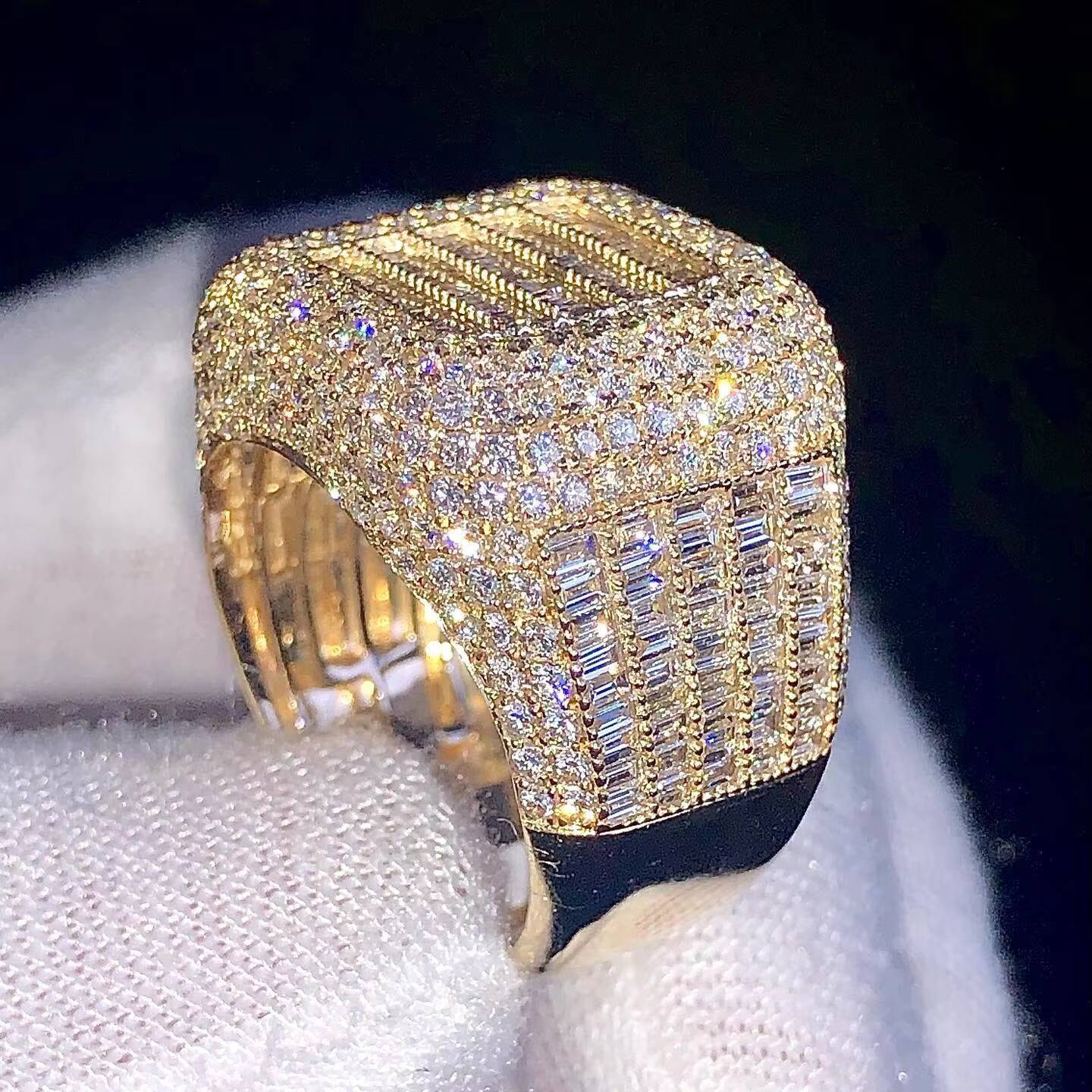 Ravishing New Mens Iced Out Hip Hop Ring in 14 Kt Yellow Gold Round and baguette Cut Lab Grown Diamond with Latest Pattern