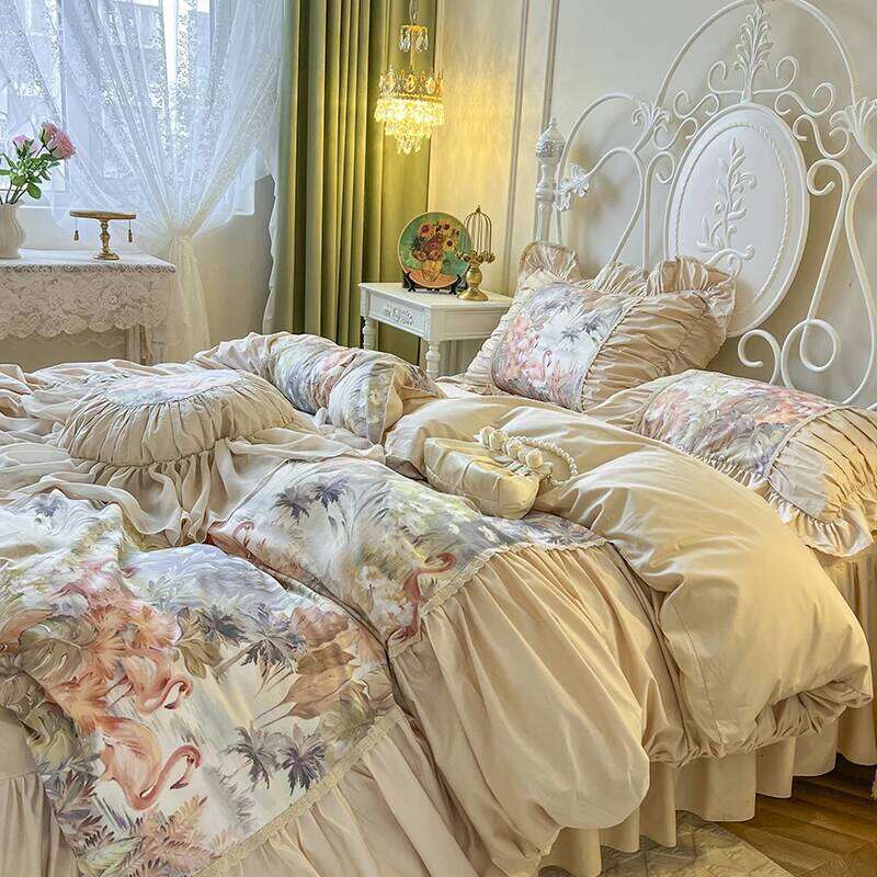 Pleat Ruffles French Vintage Flamingo Tropical Leaves Botanical Print Bedding Set Pure Cotton Duvet Cover Bed Skirt Pillowcases Y260124