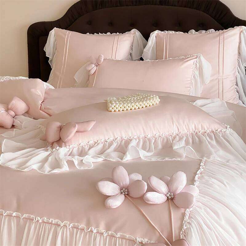 Flowers Bow Lace Ruffles Princess Wedding Bedding Set 1000TC Egyptian Cotton Duvet Cover Flat/Fitted Bed Sheet Pillowcases 4Pcs Y260124