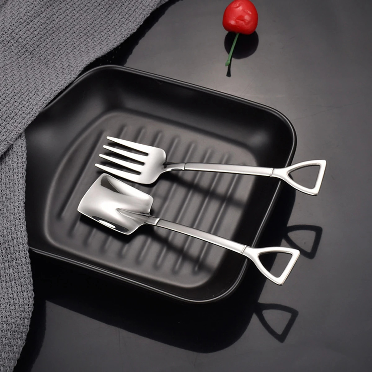 9pcs Stainless steel square spade fork pointed shovel said dessert cake fork spoon fruits 260122