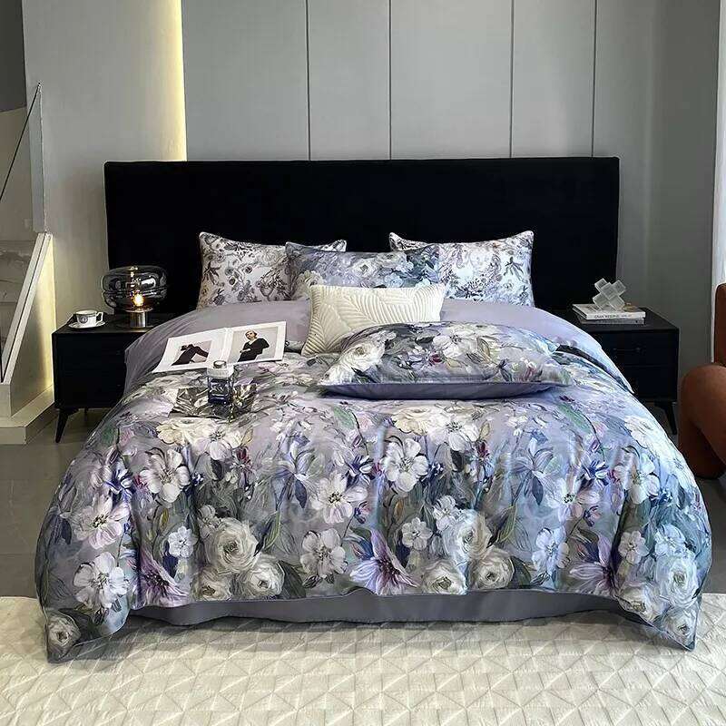 Gray Purple Floral Print 4Pcs 600TC Egyptian Cotton Bedding Comforter Quilt Cover Zip Closure Duvet cover Bed Sheet Pillowcases Y260124