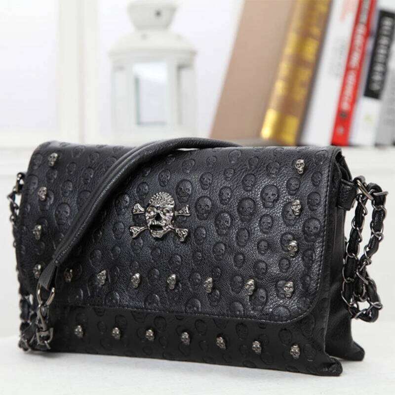 Punk Style Skull Head Handbag; Embossed Envelope Bag; Chain Trend Fashion Single Shoulder Crossbody Ladies Bag