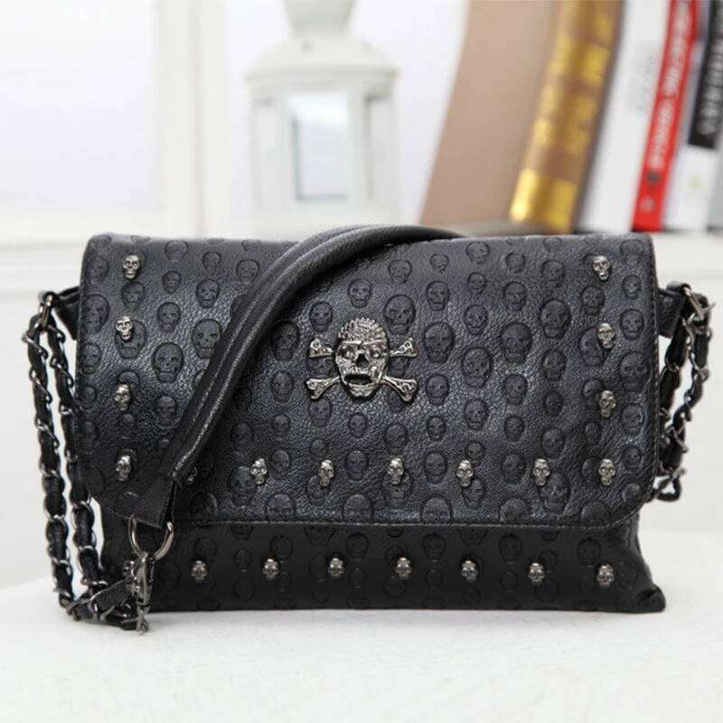 Punk Style Skull Head Handbag; Embossed Envelope Bag; Chain Trend Fashion Single Shoulder Crossbody Ladies Bag