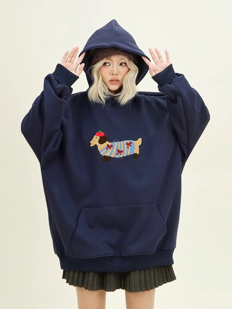 Women Sweatshirt Streetwear Couples Tops Casual Loose Hoodie Autumn Winter Cartoon Dog Embroidery Hooded Pullover 260121