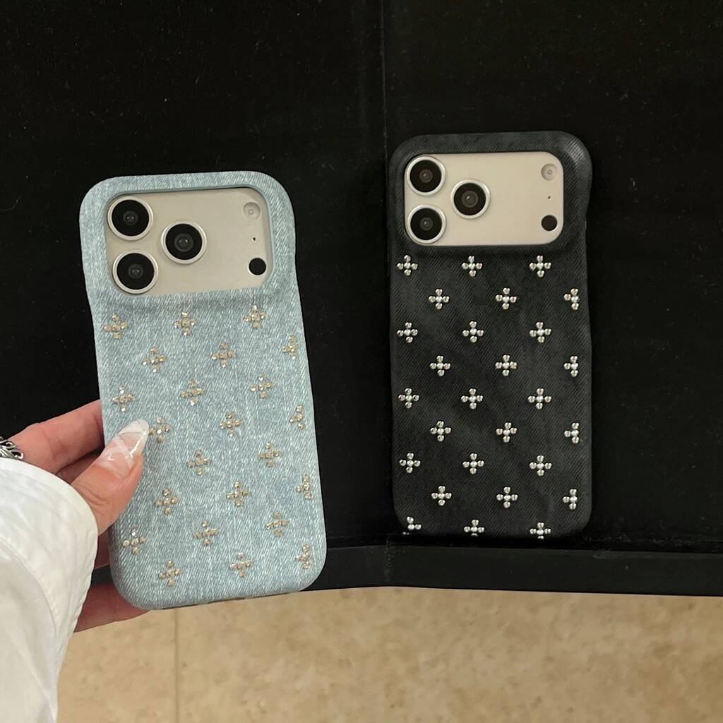 Retro Trendy Cool Blue Black Denim Texture Rivet Small Flower Shock Proof Phone Cover Case for iPhone 17 16 15 14 Pro Max