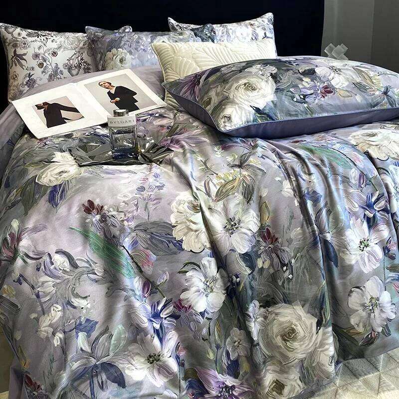 Gray Purple Floral Print 4Pcs 600TC Egyptian Cotton Bedding Comforter Quilt Cover Zip Closure Duvet cover Bed Sheet Pillowcases Y260124