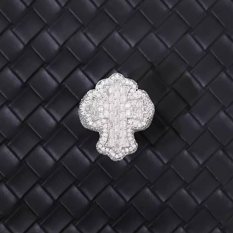 Fully Iced Out Jewelry Hip Hop Ring Gold Plated 925 Sterling Silver Vvs Baguette Moissanite Diamond Cross Ring