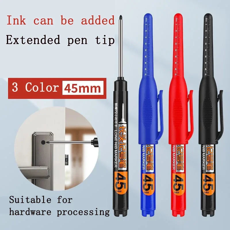10PCS 45mm Tip Waterproof Long Head Marker Pen Quick-Dry Ink for Woodworking Construction Deep Hole Non-Toxic Black Red Blue 260120