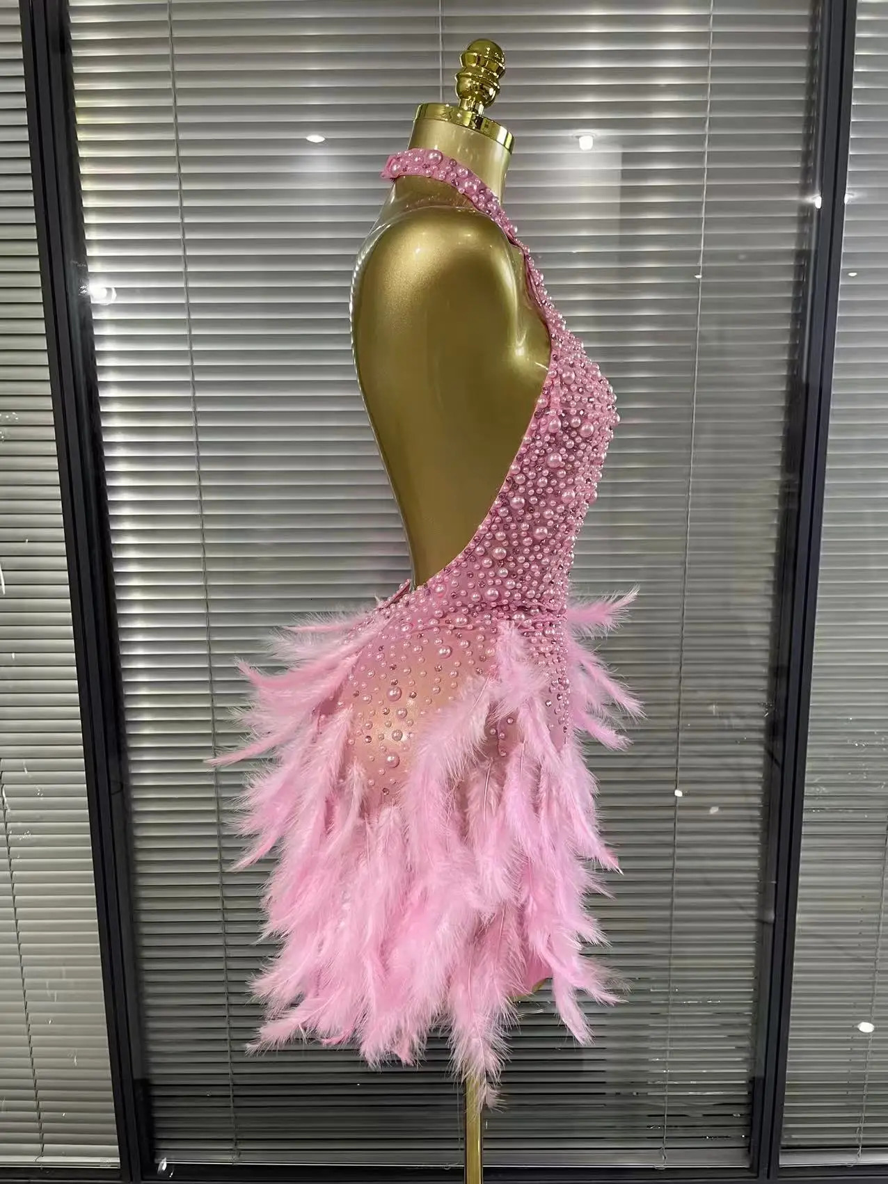 Sparkly Rhinestones Pearls Halter Backless Mini Feathers Skirt Women Sexy Mesh Transparent Performance Dance Costume Stage Wear 260121 - view 7