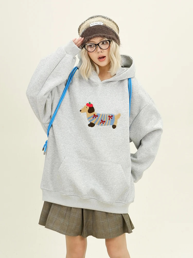 Women Sweatshirt Streetwear Couples Tops Casual Loose Hoodie Autumn Winter Cartoon Dog Embroidery Hooded Pullover 260121