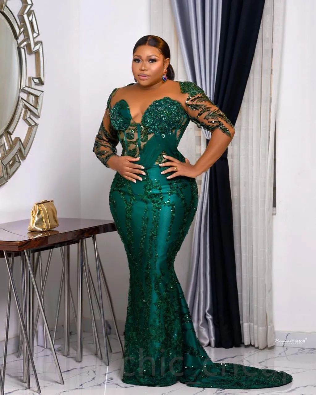 Aso Ebi Dark Green Mermaid Prom Dresses With Long Sleeves Shiny Sequins Beaded Formal Evening Gowns Plus Size African Black Women Sexy Second Receptio