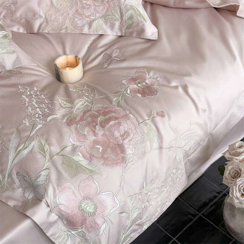Premium 600TC Egyptian Cotton Luxury Flowers Butterfly Embroidery Pink Bedding Set Duvet Cover Flat/Fitted Sheet Pillowcase 4Pcs Y260124