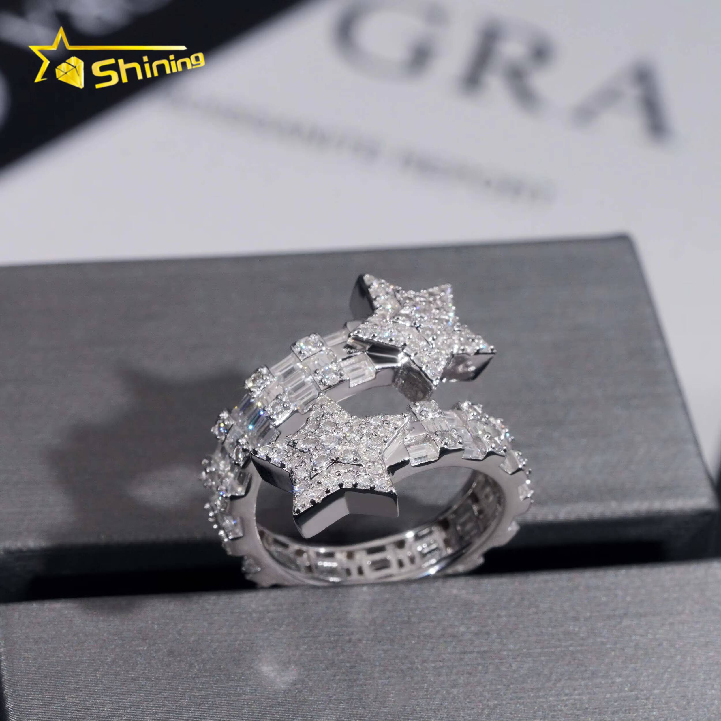 New Design 925 Sterling Silver Gold Plated Iced Out Baguette Moissnaite Pass Diamond Tester Star HipHop Rings