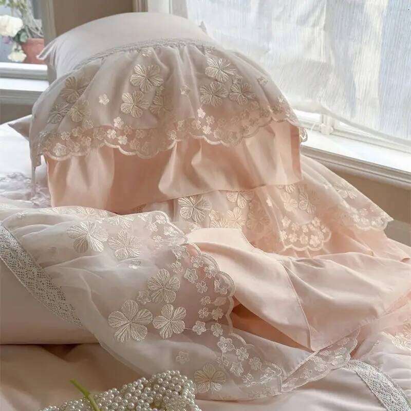 1200TC Egyptian Cotton Lace Ruffles Princess Wedding Style Pink Bedding Set Duvet Cover Flat/Fitted Bed Sheet Pillowcases 4Pcs Y260124