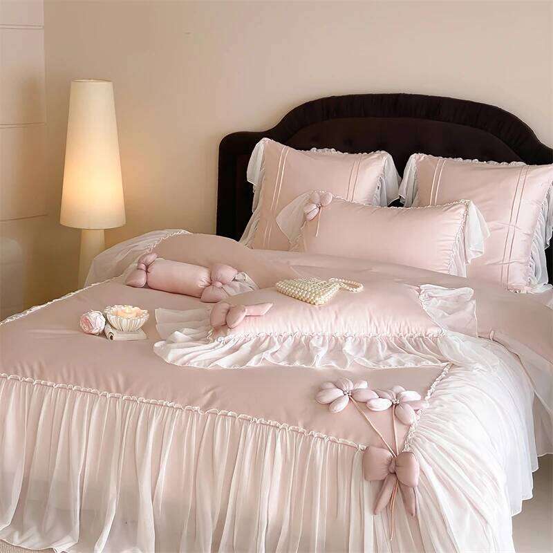 Flowers Bow Lace Ruffles Princess Wedding Bedding Set 1000TC Egyptian Cotton Duvet Cover Flat/Fitted Bed Sheet Pillowcases 4Pcs Y260124