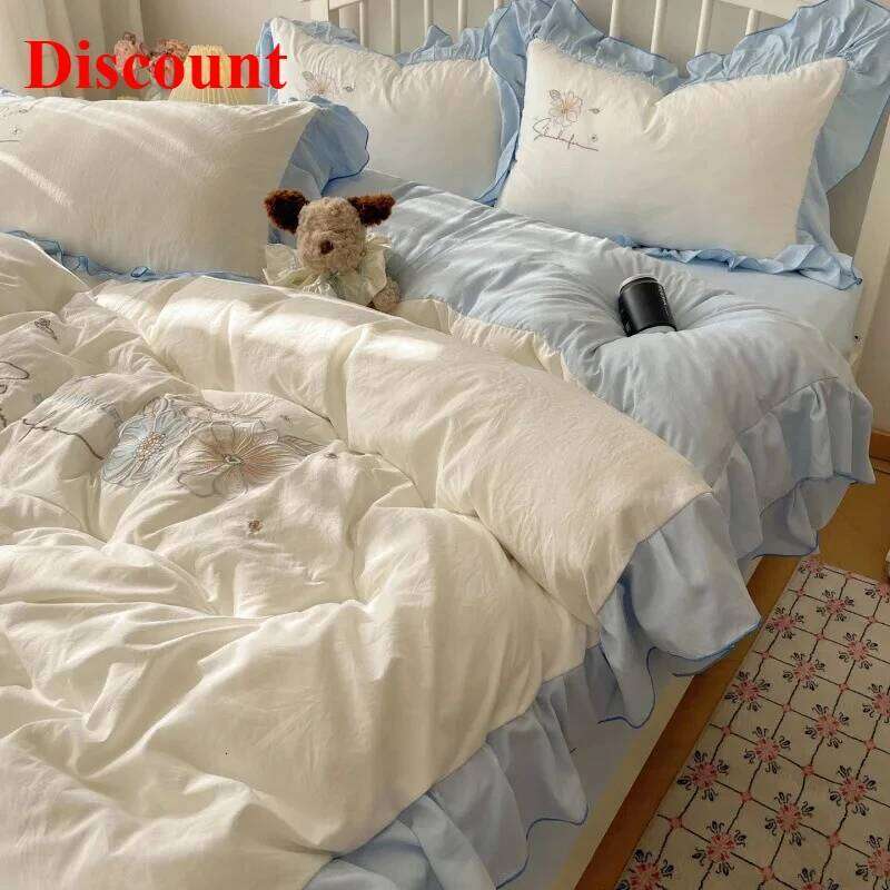 Lace embroidery small fresh and cute girl heart four-piece set washed cotton summer sheet quilt cover bed hat Y260124
