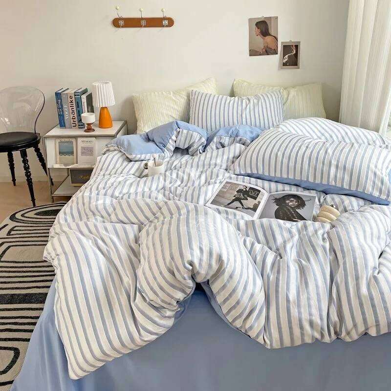 Ins Style Bedding Duvet Wash Cotton Stripe Soft Cool Summer Bed Sheet Comforter Set Quilt Cover Y260124