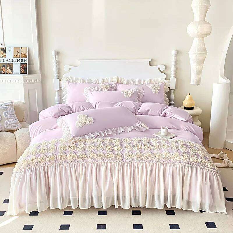 New French Three-dimensional plate Flower Embroidery Duvet Cover Princess Style Bed Four Piece Set Adult Bedroom Decoration Y260124
