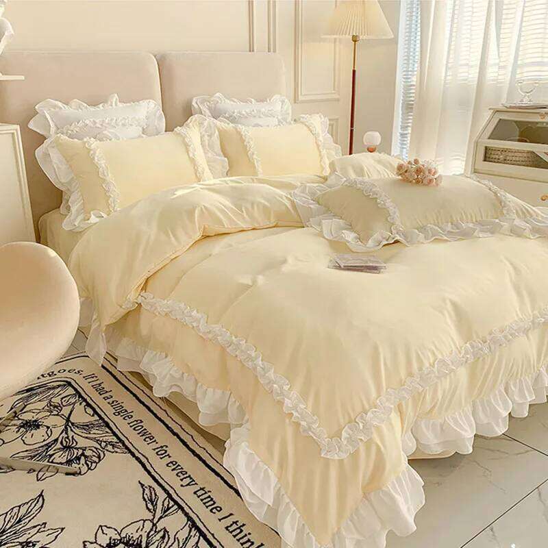 200X230Cm Korean Princess Lolita 4-Piece Solid Washed Cotton Breathable Bed Sheet Duvet Cover Bedding Set with Lace Y260124